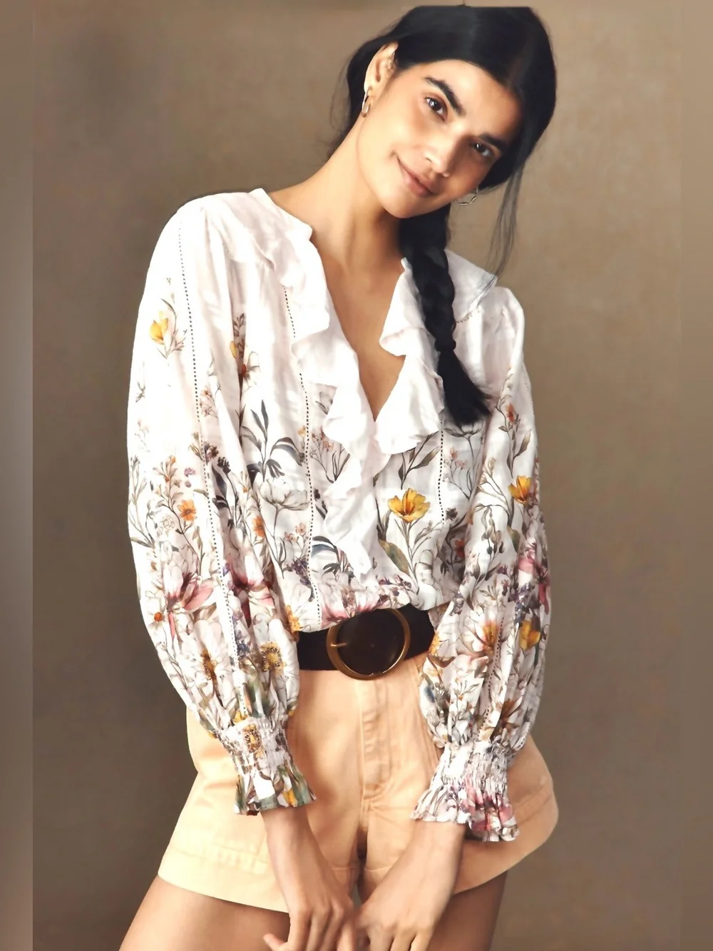Anthropologie Industry Ivory Floral Ruffle V-Neck Blouse Cotton size Medium